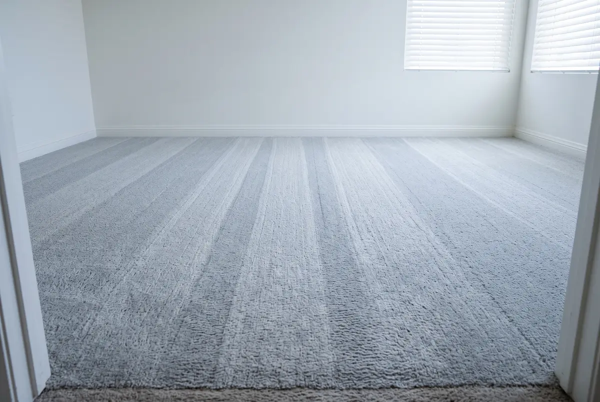 Illustration of light gray bedroom carpet with straight, lighter parallel lanes in the damp pile, running toward white walls and two windows with plain white blinds.