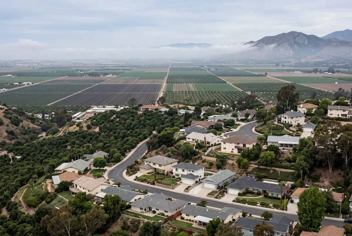 Illustration of single-family homes on a hillside street among avocado and citrus groves, looking out over the flat Oxnard Plain.