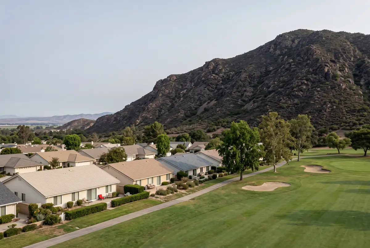 Illustration of single-story homes beside a golf course at the foot of a steep, rocky mountainside.