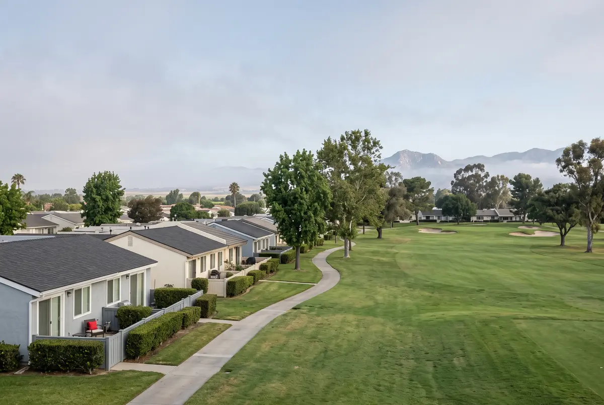 Illustration of single-story attached homes with small patios along the edge of a short golf course with a walking path.