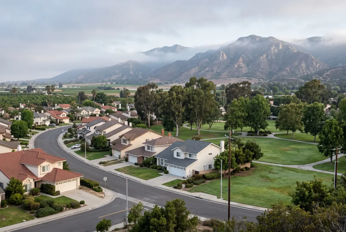 Illustration of one- and two-story stucco family homes on a curving street, a park lawn with mature trees across the road, and rocky mountains beyond.