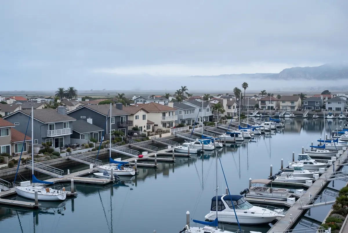 Illustration of two-story coastal homes along a harbor channel with boat slips, under a thinning morning marine layer.