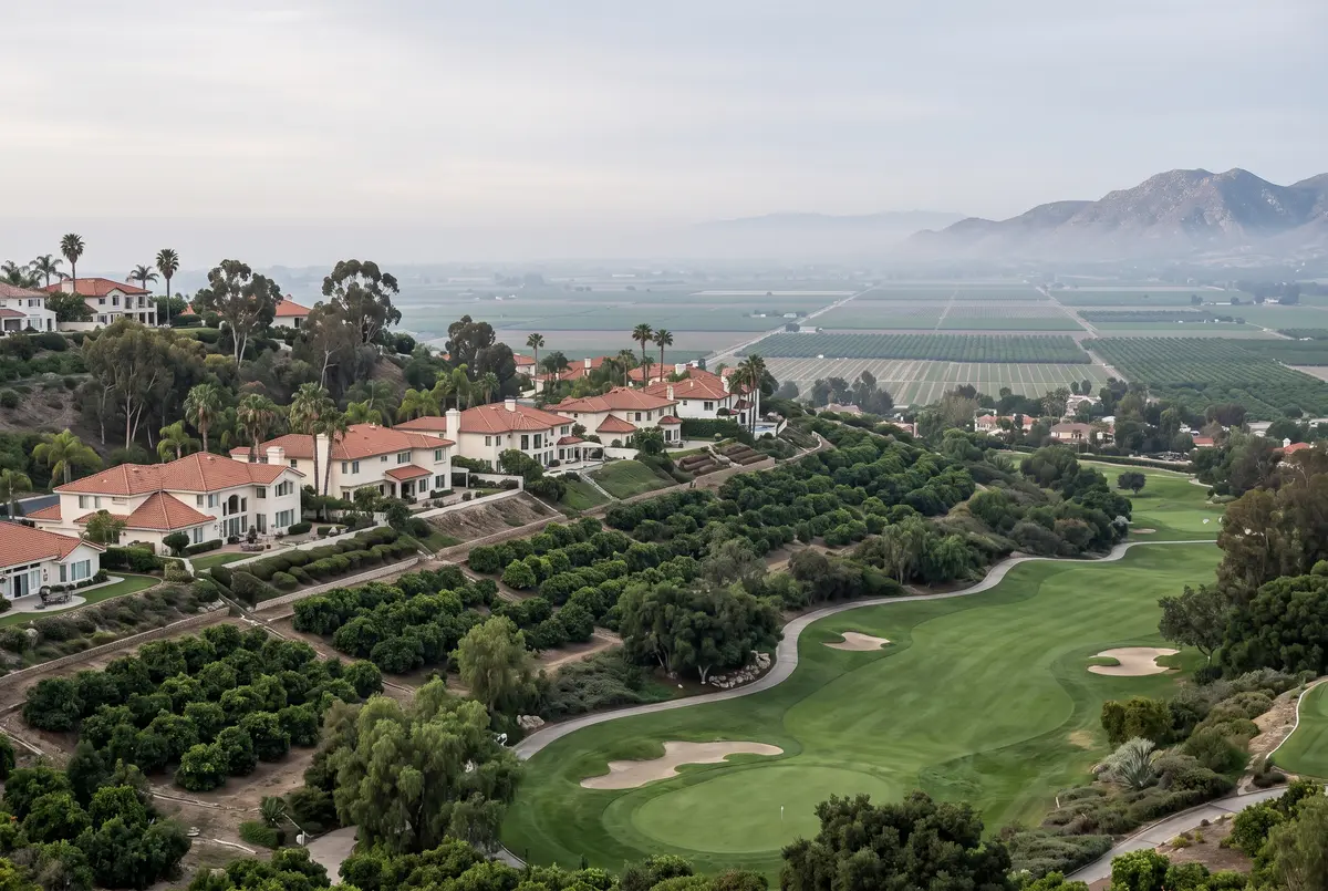 Illustration of large hillside homes with tile roofs above a green golf fairway, with avocado and lemon groves on the slopes below.