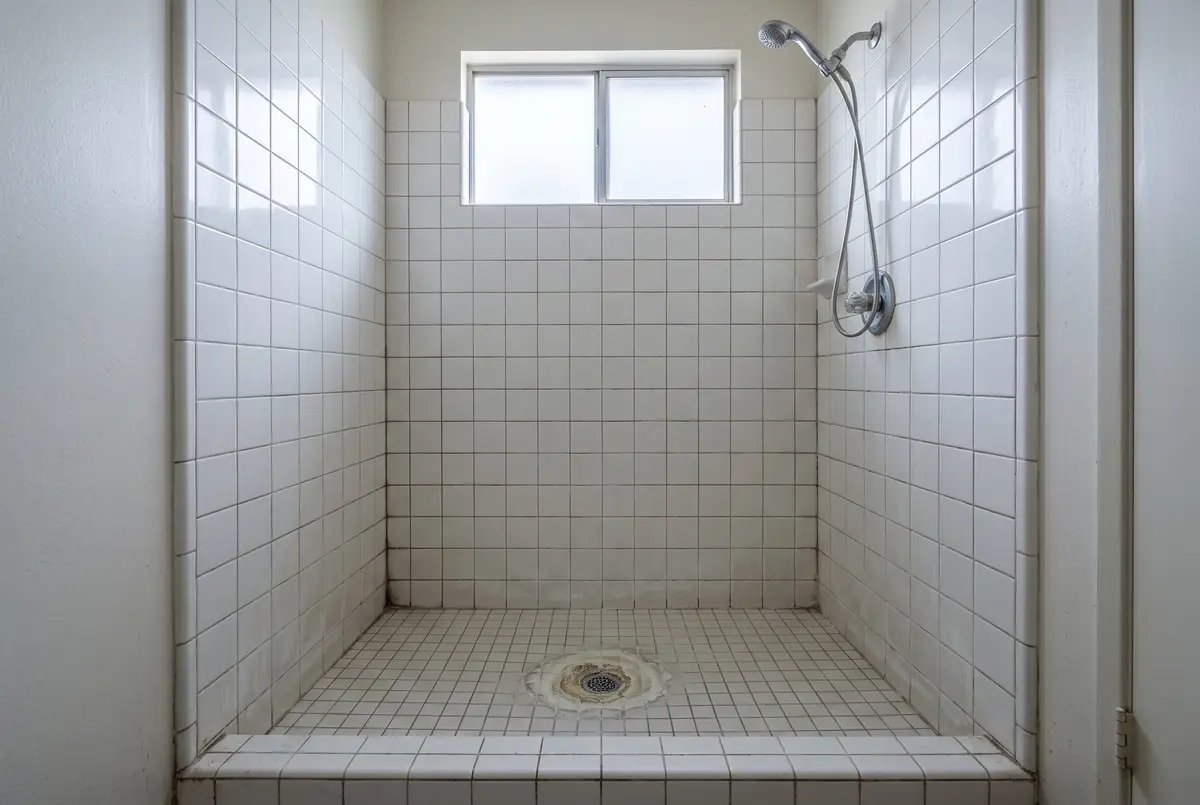 Illustration of a tiled shower in a 1970s bathroom: white square ceramic tile with chalky white mineral film on the lower rows, a ring of tan buildup around the drain, and grout lines darkened by soil.