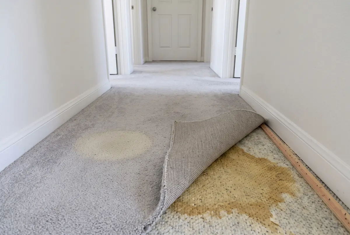 Illustration of a faint yellowed pet urine spot on light gray hallway carpet, with the carpet edge lifted at the baseboard to show a much larger yellow-brown stain in the pad beneath.