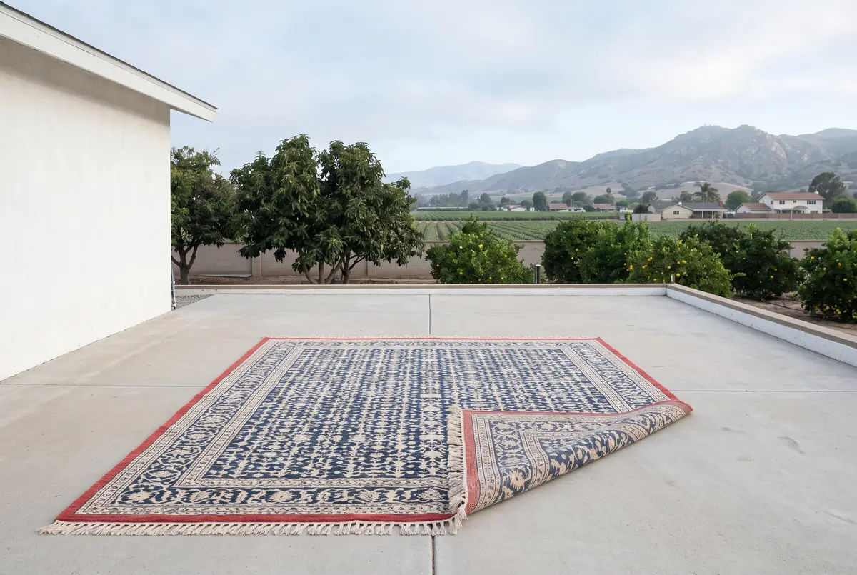 Illustration of a hand-knotted wool rug in indigo and cream with a strawberry-red border, laid flat to dry on a concrete patio beside a white stucco wall, one corner turned back to show the knots on the back.